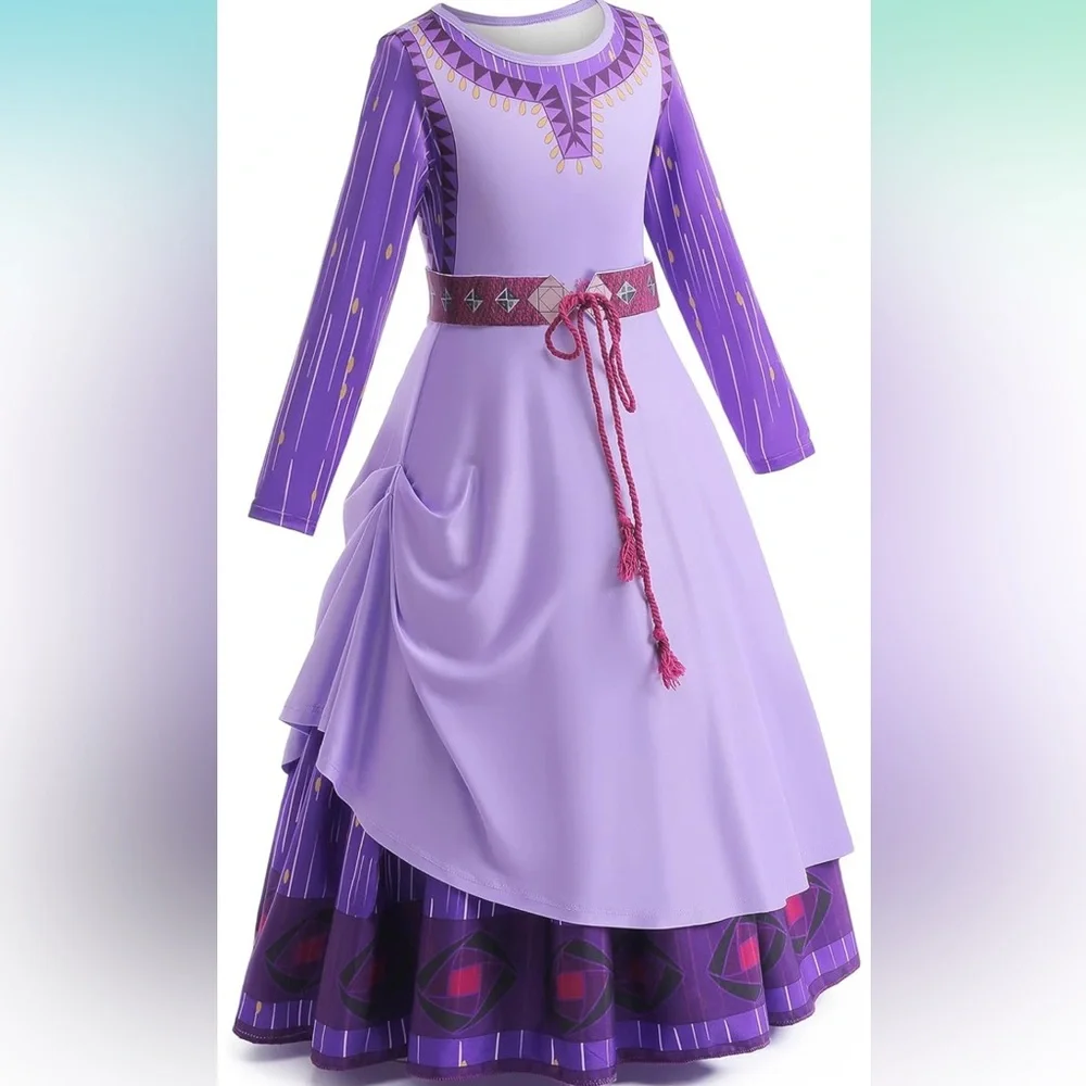 Wish Princess Asha Costume Dress Up Long Sleeve Purple Dress with Belt and Bag